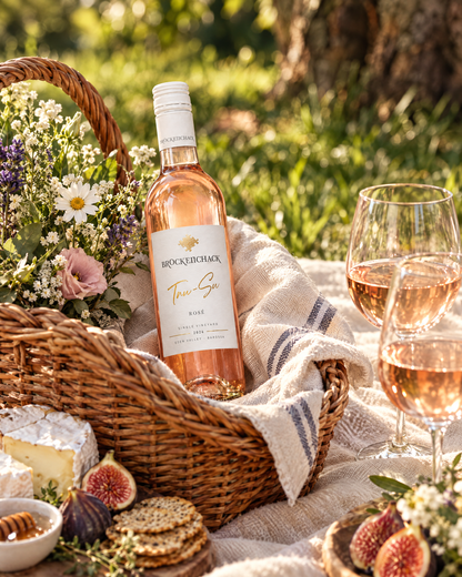 Brockenchack Tru-Su Rosé 375ml half bottle in a picnic basket with two glasses of rosé