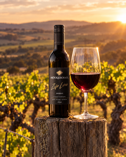 Brockenchack Zip Line Shiraz 375ml half bottle in an Eden Valley vineyard at golden hour